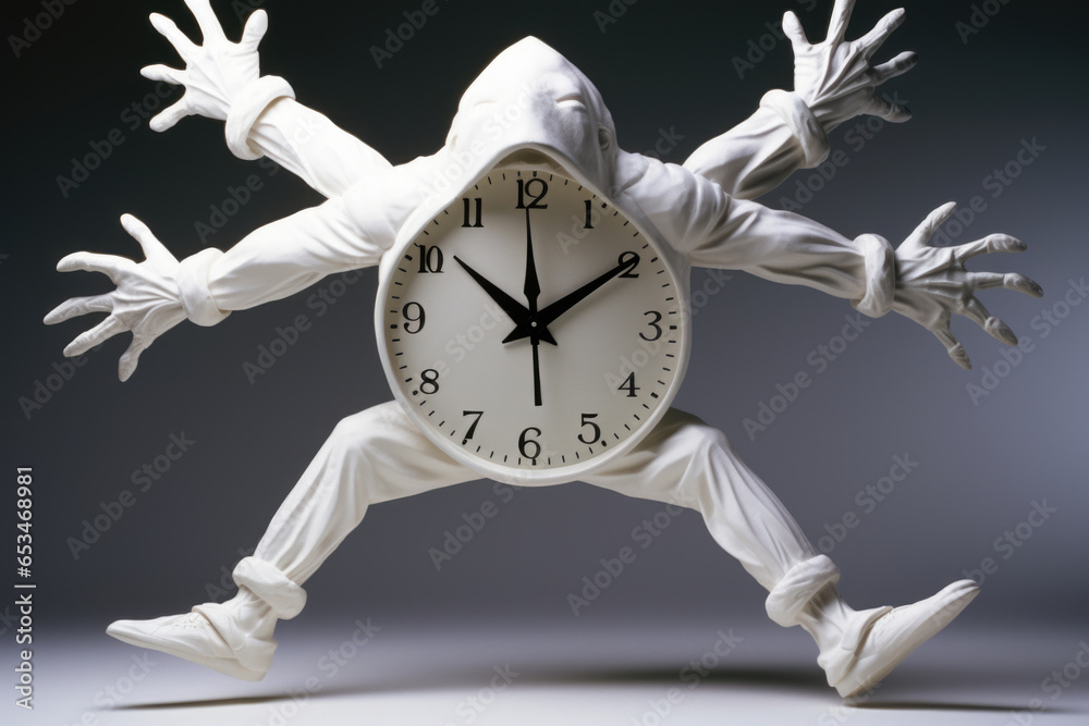 An alarm clock with arms and legs, a reminder of the importance of