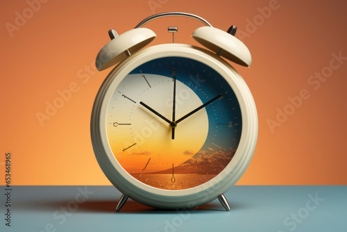 Alarm clock on orange background. Concept of time, circadian rhythms