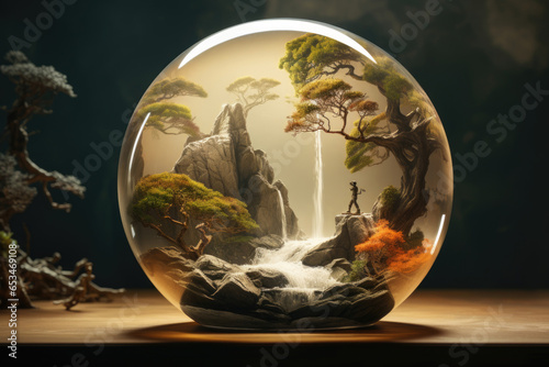 Nature conservation concept, green world. A glass ball inside of which there are mountains with a river and a green tree