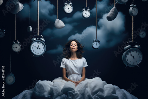 Sleepless woman in bed, difficulty falling asleep, insomnia. Women sitting on a dark background against the background of different alarm clocks photo