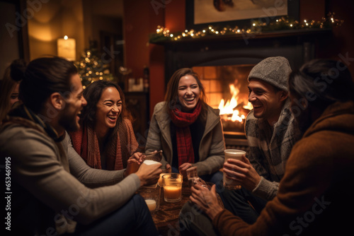 A group of friends gathered around a fireplace, enjoying mugs of hot buttered rum, creating a warm and convivial atmosphere during the holiday
