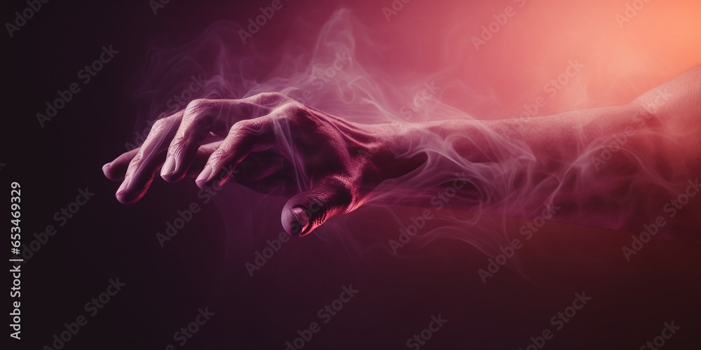 Scary vampire hand reaching out on smoky purple and red background, Halloween event poster concept, with copy space. - obrazy, fototapety, plakaty 