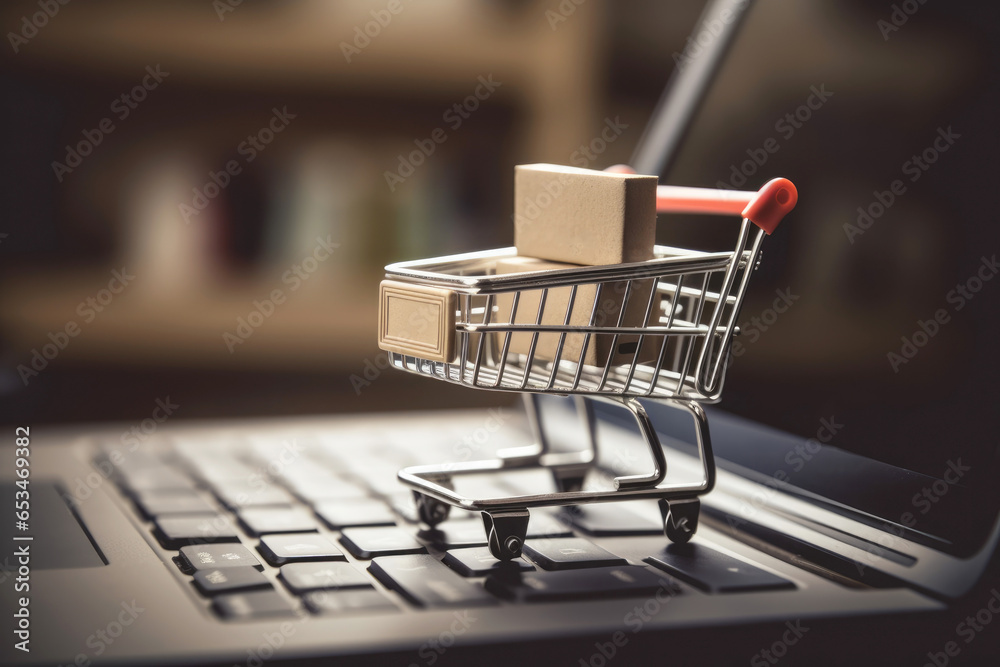 Shopping online. cardboard box with a shopping cart logo in a trolley on laptop keyboard. Generative Ai