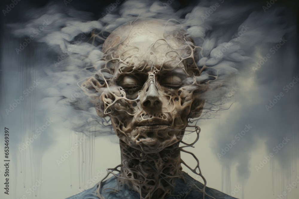 Human self-destruction concept. Man dissolving into smoke on a dark background