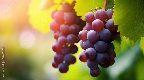 Red wine grapes on vine in summer vineyard on blurred vineyard background, close up with copy space.