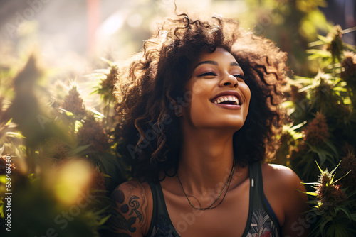 happy black woman smiles on farm field plantation with marijuana bushes