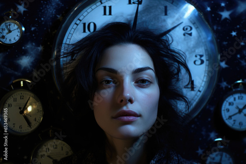 Close-up portrait of a woman against the background of a watch dial. Time concept, time management, deadline, circadian rhythms