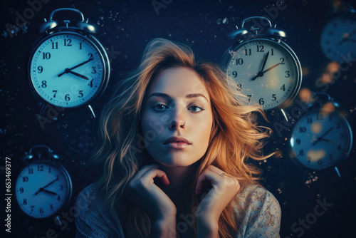 Portrait of a waking woman against the background of a wall on which there are numerous alarm clocks and clocks. Concept of time management, circadian rhythms, deadline