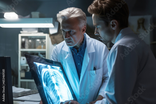Two doctors in white coats look at an x-ray of a man. medical topics
