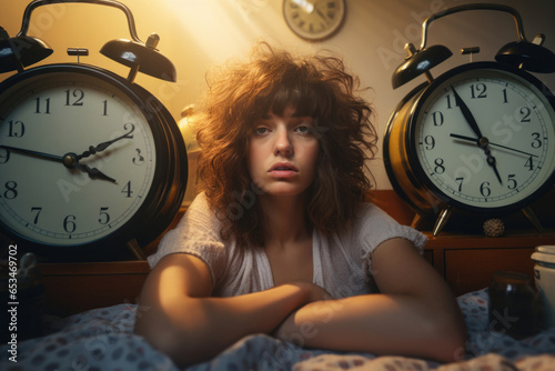 A woman is lying in bed, staring at a large alarm clock, a visual representation of the struggle to fall asleep