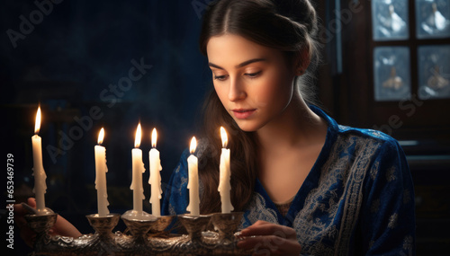 A woman lights minor candles on the first night of Hanukkah, symbolizing the onset of the great festival of lights.