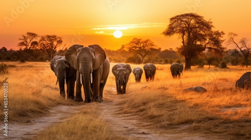 A Herd Of Elephants Walking Across A Dry Grass Field At Africa