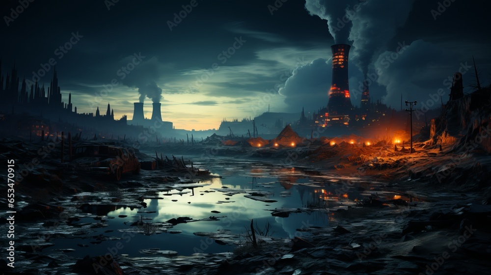 Glimpses of Urban Industrialism: Captivating Sunset over Skyline Amidst City Landscape, with Smoke and Chimneys Punctuating the Waterfront, generative AI