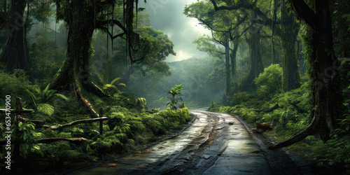 Road through a deep forest. Generative AI © piai