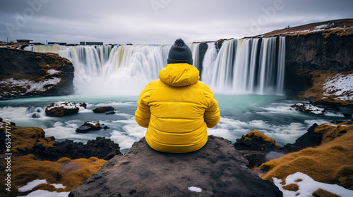 An unrecognizable man, on his back, is sitting on a rock, dressed in a yellow jacket looking at a beautiful and impressive landscape of waterfalls in the background. Artificial intelligence image. 