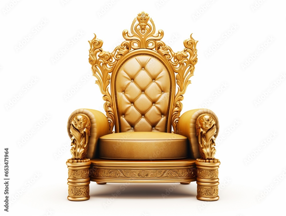 Golden luxury throne, gold royal chair isolated on white - obrazy, fototapety, plakaty 