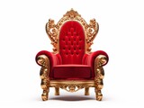 Golden luxury throne with red velvet cushion, gold royal chair isolated on white