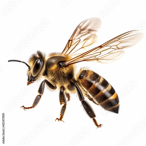 a stunning bee is flying, isolated on white background, macro, incredible pollinator