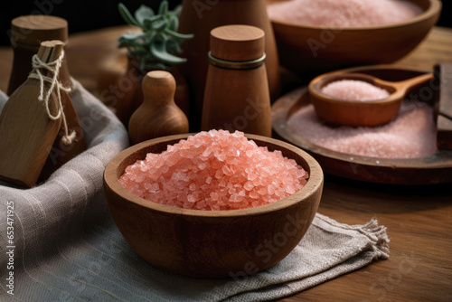 Concept spa treatment. Himalayan salt in a wooden bowl