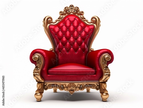 Golden luxury throne with red velvet cushion, gold royal chair isolated on white photo