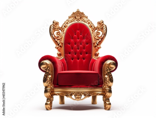 Golden luxury throne with red velvet cushion, gold royal chair isolated on white photo