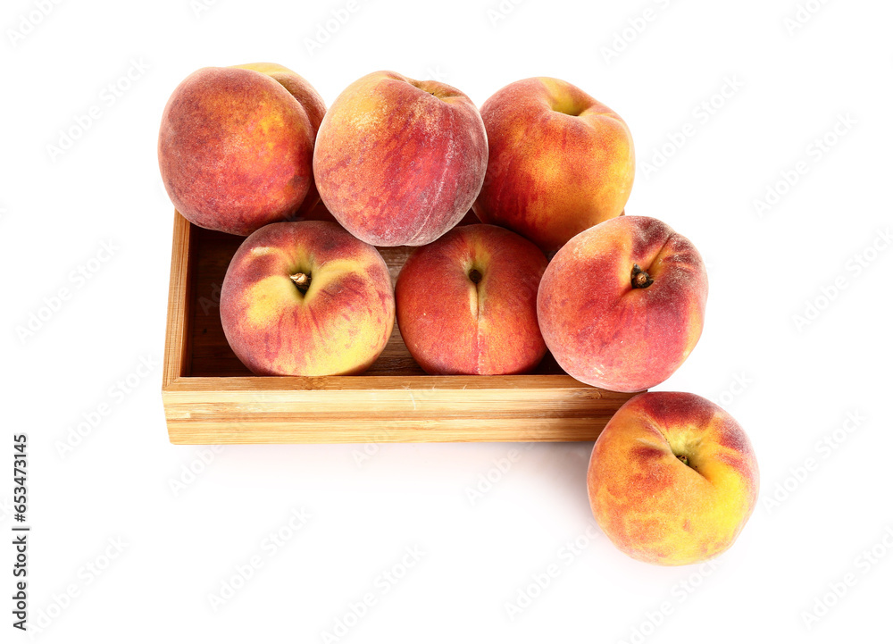 Wooden box with sweet peaches on white background Wooden box with sweet peaches on white background