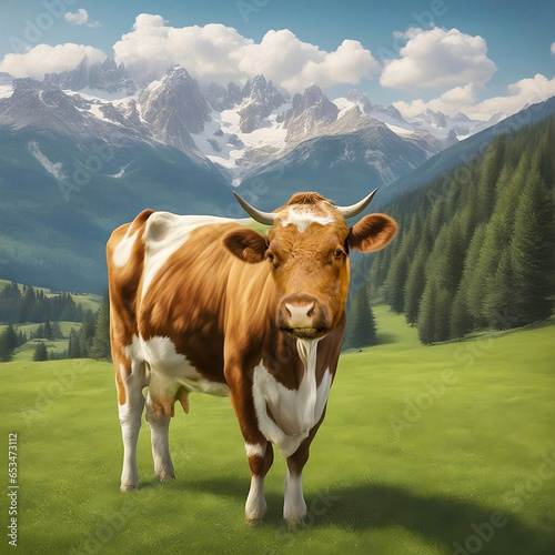 A cow grazes on a green meadow in a mountainous area