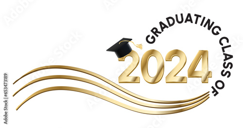 White background - Graduating Class of 2024 in black text in a circle around the year. 2024 is in Gold text. A Graduation cap with a gold tassel sits on top of the year. Wavy golden lines accent.