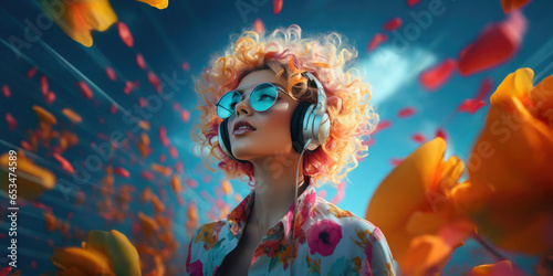 young woman with orange blonde curly hair, headphones and sunglasses