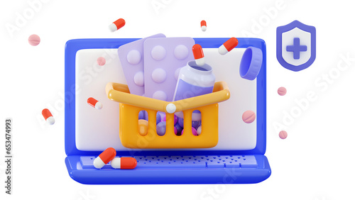 3d online medicine concept Shopping cart and jars for pills, capsules, vitamins