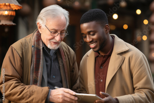 Two men engaged in discussion while looking at tablet. Suitable for business, technology, and teamwork concepts