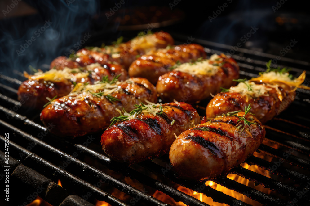 Several sausages are cooking on grill. This image can be used to showcase outdoor cooking, barbecues, or food preparation