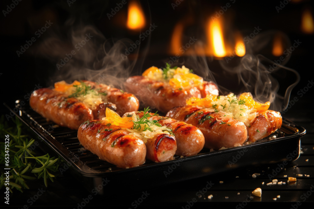 Captivating image featuring hot dogs grilling on barbecue with flames in background. Perfect for showcasing summertime cookouts and outdoor gatherings.