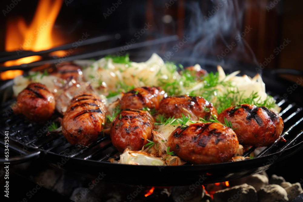 Close up view of grill with meat and vegetables cooking on it. This image can be used to showcase outdoor cooking, barbecues, or food preparation