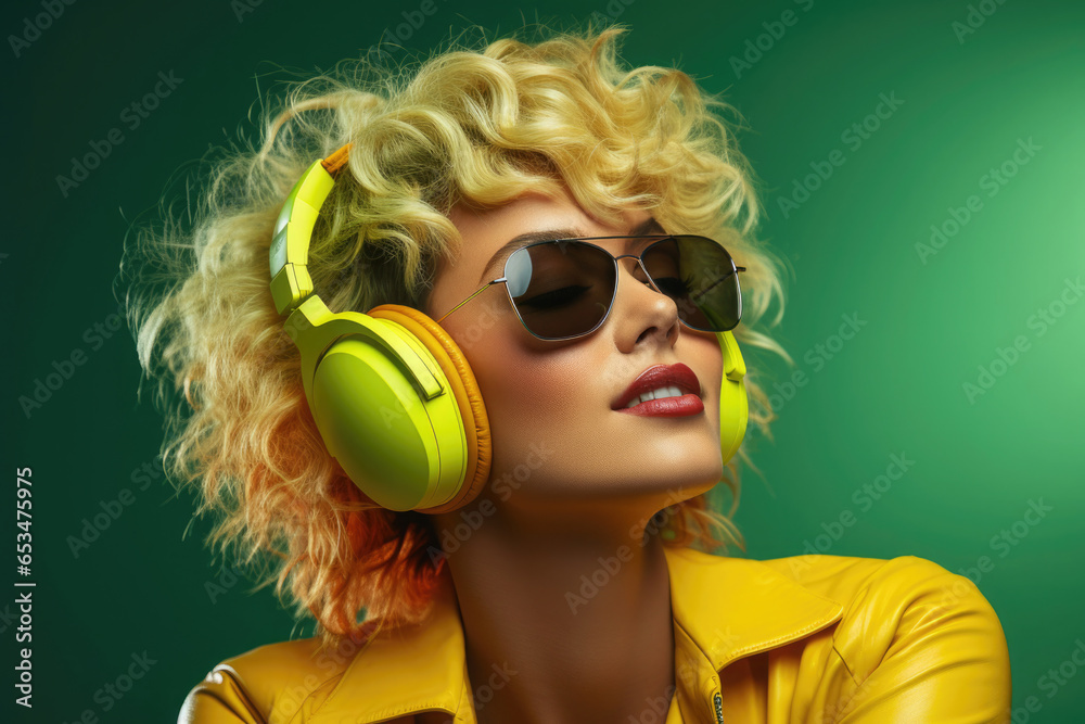 Trendy young woman with sunglasses and headphones listening joyful to music