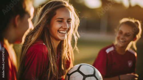 Happy football team of tween girls celebrating together photo