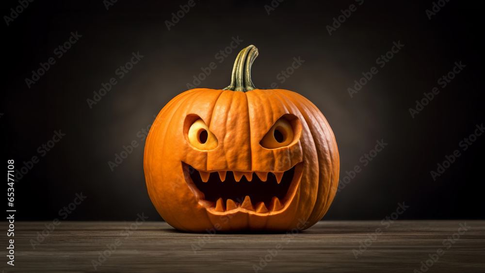 Close up of a spooky, evil halloween carved pumpkin. Devilish smiling Jack-O-Lantern face with sharp teeth. Advertising dark banner background with copy space. Scary autumn holiday decoration concept Close up of a spooky, evil halloween carved pumpkin. Devilish smiling Jack-O-Lantern face with sharp teeth. Advertising dark banner background with copy space. Scary autumn holiday decoration concept