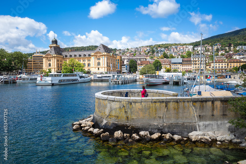 Neuchatel, Switzerland - August 7, 2023: Neuchâtel, the French-speaking capital of the Swiss canton of the same name, lies on the northern shore of Lake Neuchatel.