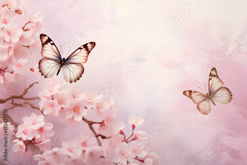 Japanese cherry blossom flowers and butterflies on sunny backdrop