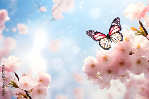 Japanese cherry blossom flowers and butterflies on sunny backdrop