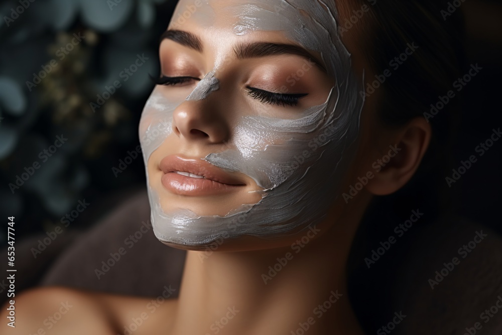 Beautiful young woman with facial mask at spa salon, closeup Beautician makes facial massage with mask. Beautiful young woman with facial mask at spa salon, closeup Beautician makes facial massage with mask.