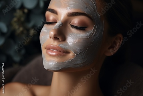 Beautiful young woman with facial mask at spa salon, closeup Beautician makes facial massage with mask.