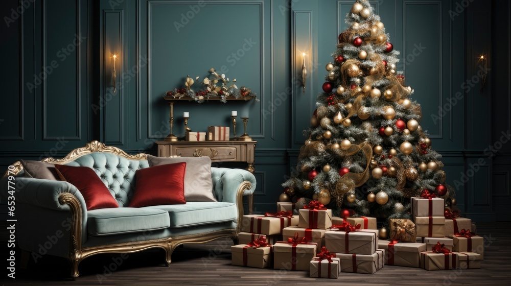 A cozy living room lighted with numerous lights decorated ready to celebrate Christmas. Christmas room interior design, Xmas tree decorated by lights, candles and garland lighting indoors fireplace. A cozy living room lighted with numerous lights decorated ready to celebrate Christmas. Christmas room interior design, Xmas tree decorated by lights, candles and garland lighting indoors fireplace.