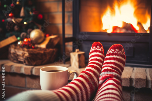 Feet in wool socks near fireplace in winter time. Christmas and new year holidays. High quality photo