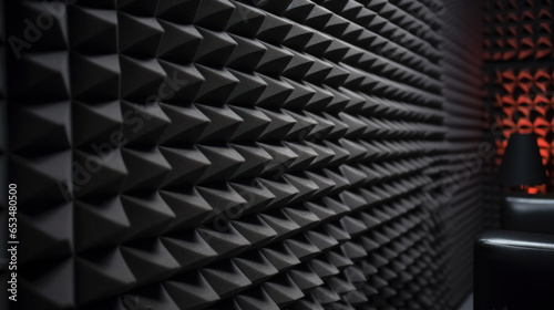 Grey dampening acoustic foam in the vocal recording room.
