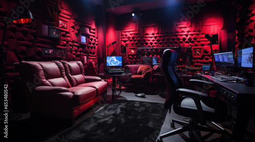 Modern Music Record Studio Control Desk with Laptop Screen Showing User Interface of Digital Audio Workstation Software. Equalizer, Mixer and Professional Equipment. Faders, Sliders. Record. Close-up