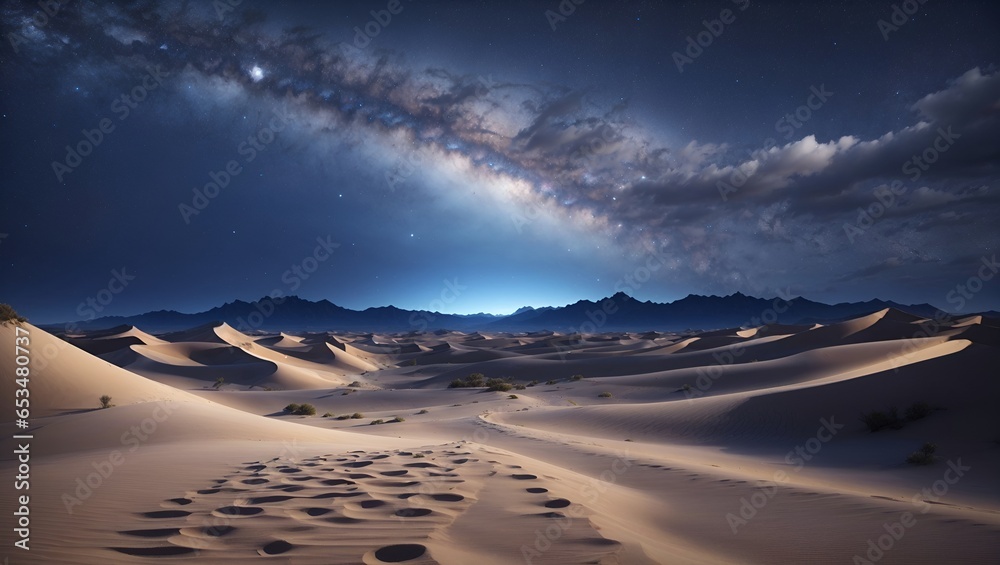 Beautiful fantasy scenic view of sand dunes in a desert with visible stars and galaxies above. Mesmerizing background. Travel and exploration idea. Nature concept. With copy space.