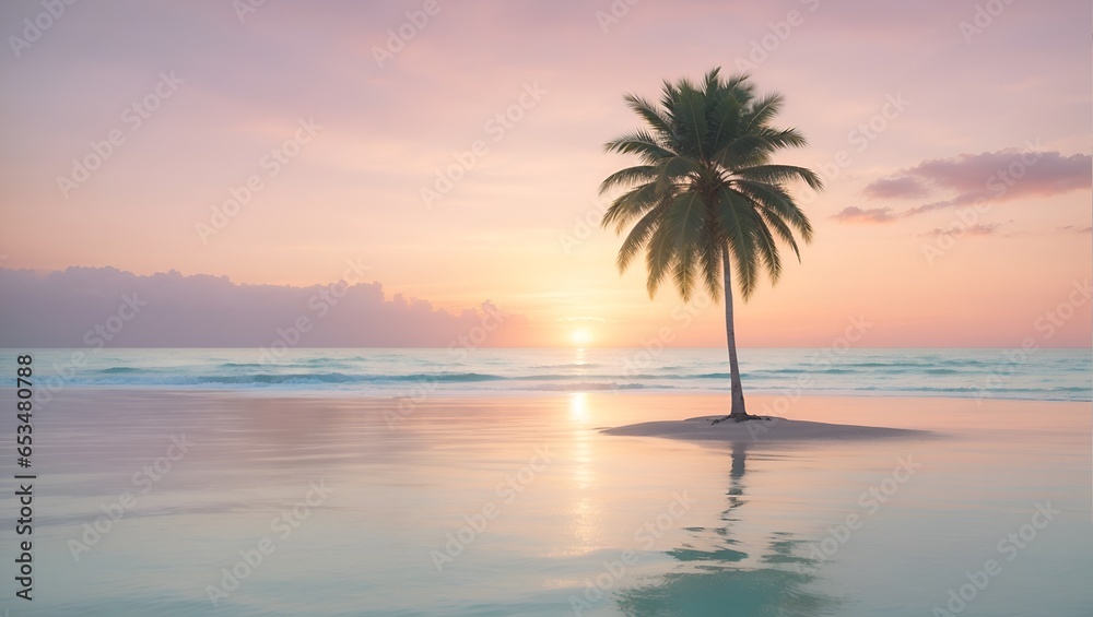 Beautiful sunset on a tropical beach with a palm tree. Seasonal, travel and holiday idea. Sea and nature concept. With copy space.