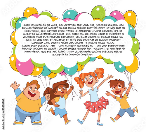 Kids holding balloons. Child template for your design. Colorful cartoon characters. Funny vector illustration. Isolated on white background