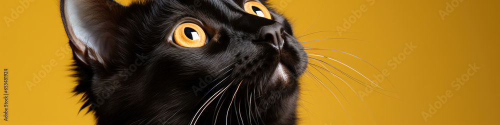 Cute gray cat on light yellow background. Banner with pet and space for text Cute gray cat on light yellow background. Banner with pet and space for text